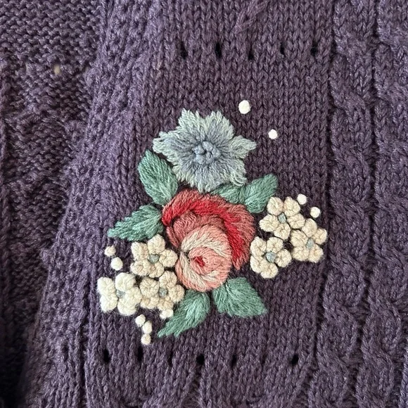 PORTRAITS by NORTHERN ISLES Hand Embroidered Eggplant Knit Floral Vest | Medium - Picture 3 of 5